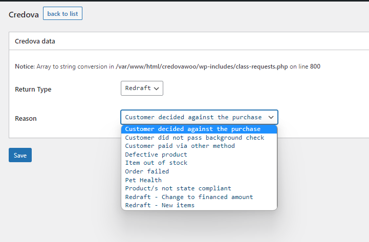 WooCommerce Credova Orders and Returns